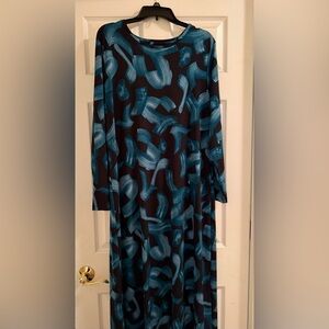 Chicos Black & Teal Abstract Print Long Sleeve Maxi Dress